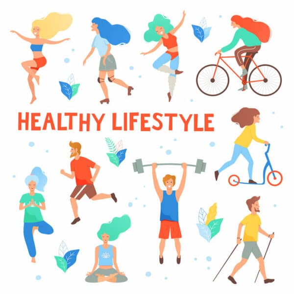 Healthy lifestyle. Different physical activities: running, roller skates, dancing, bodybuilding, yoga, fitness, scooter, nordic walking. Flat vector illustration.